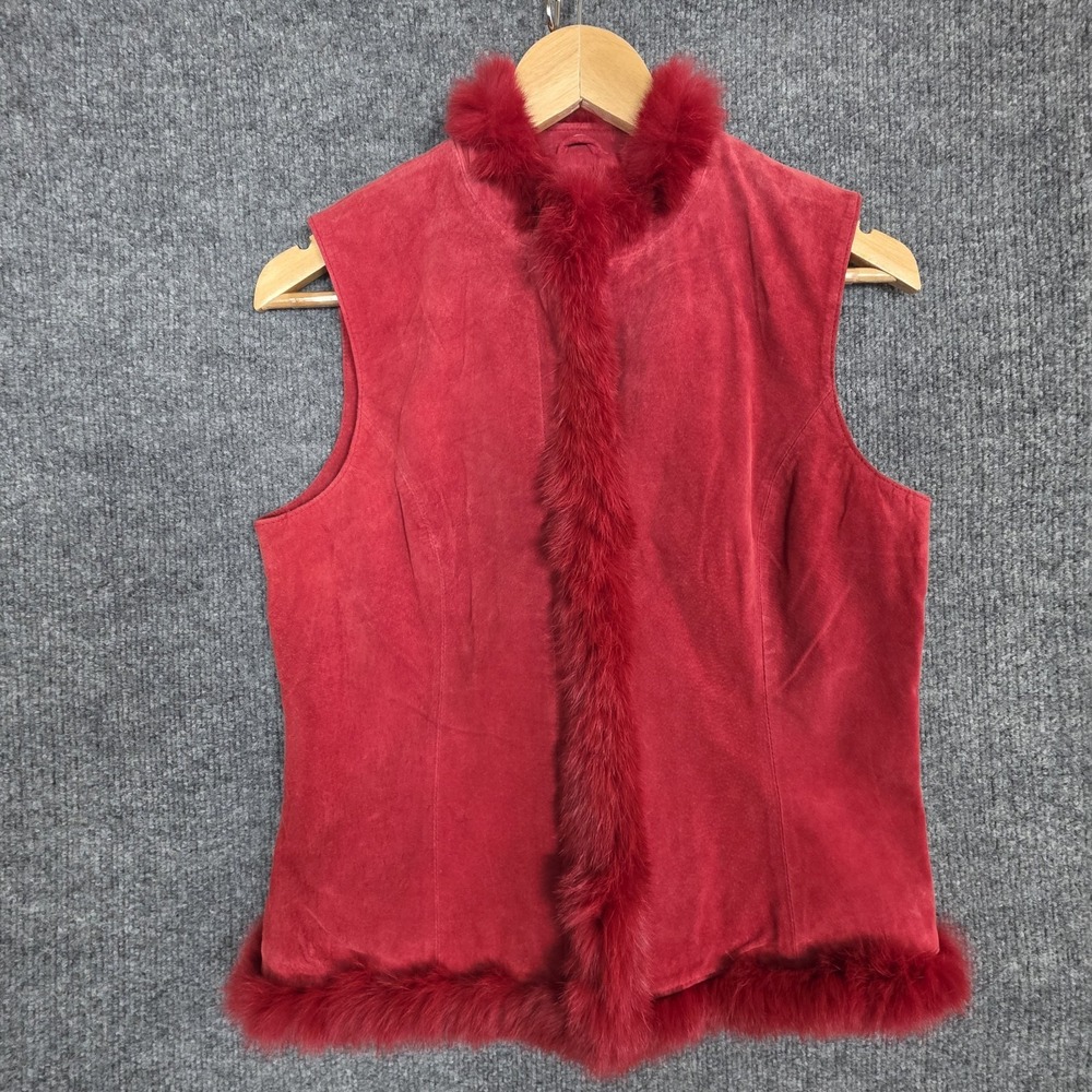 Vintage Révue Vest Red Suede Leather Rabbit Fur Trim Y2K Mob Wife Moto 90's 80's